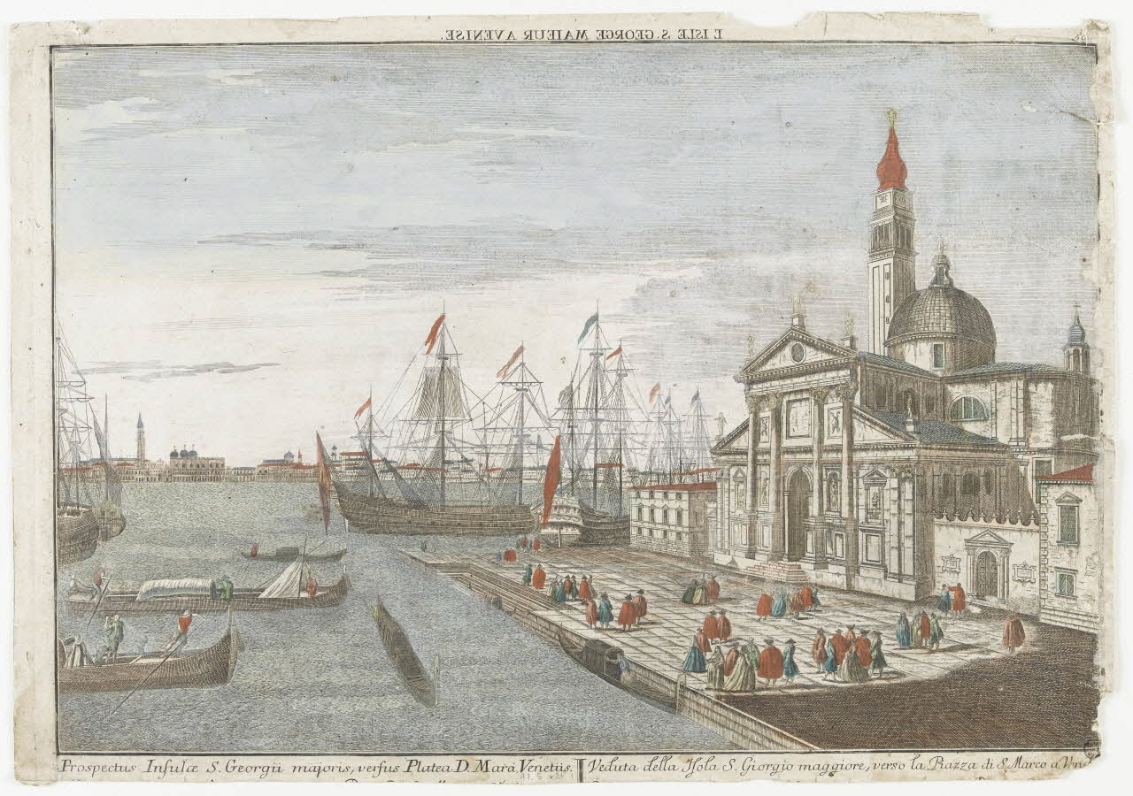 imagerie ancienne L'ISLE S. GEORGE MAIEUR A VENISE. (titre inscrit, en caractères inversés)  Prospectus Insulae S. Georgii majoris, versus Platea D. Maria Venetiis. Paris 1730 1943.16.210 Photo RMN-Grand Palais (Mucem)