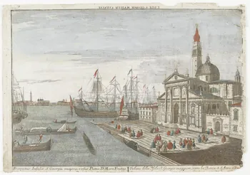 imagerie ancienne L'ISLE S. GEORGE MAIEUR A VENISE. (titre inscrit, en caractères inversés)  Prospectus Insulae S. Georgii majoris, versus Platea D. Maria Venetiis. Paris 1730 1943.16.210 Photo RMN-Grand Palais (Mucem)