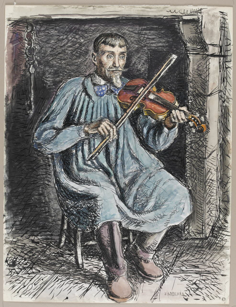 Jean Amblard dessin Pierre Baptissard jouant du violon à Rochefort-Montagne 1944 1944.3.38 Photo RMN-Grand Palais (Mucem)