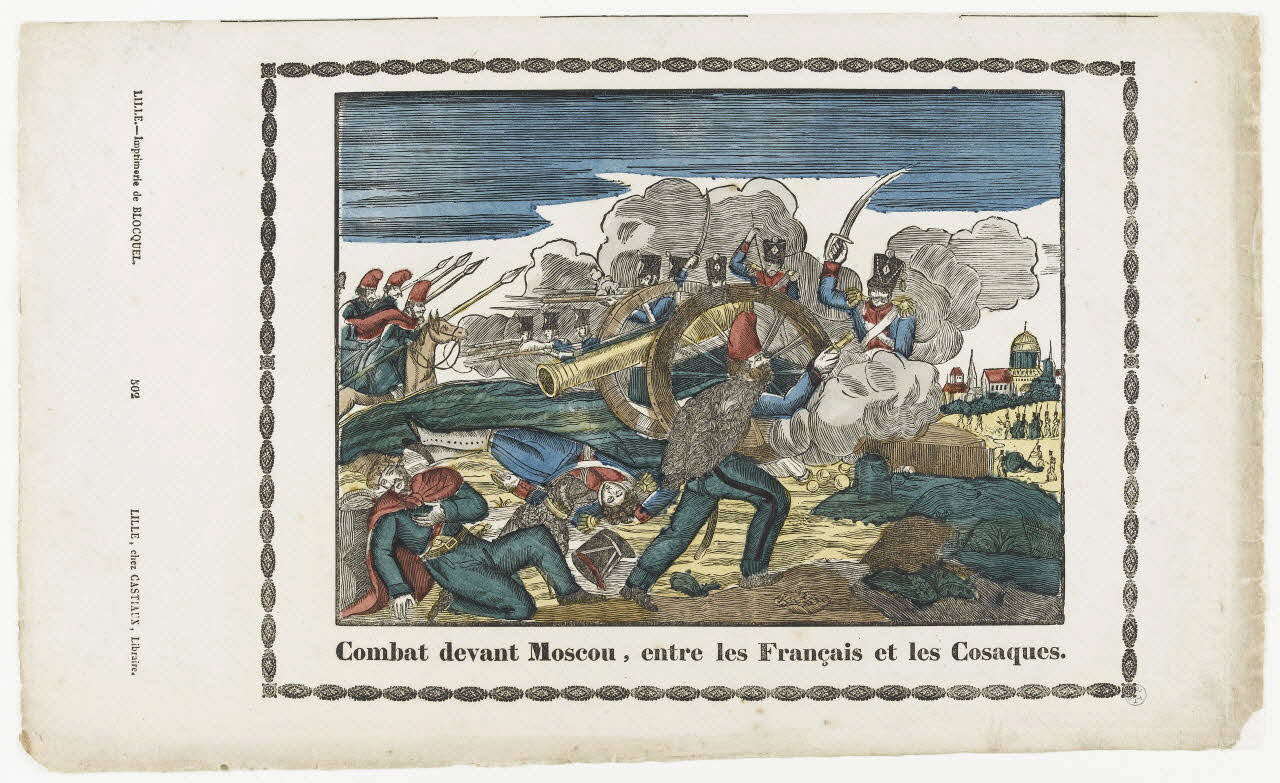 Jean-Baptiste Castiaux ; Simon-François Blocquel imagerie ancienne Combat devant Moscou, entre les Français et les Cosaques. Lille 1812-1837 1945.36.6 Photo RMN-Grand Palais (Mucem)