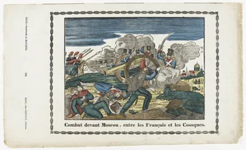Jean-Baptiste Castiaux ; Simon-François Blocquel imagerie ancienne Combat devant Moscou, entre les Français et les Cosaques. Lille 1812-1837 1945.36.6 Photo RMN-Grand Palais (Mucem)
