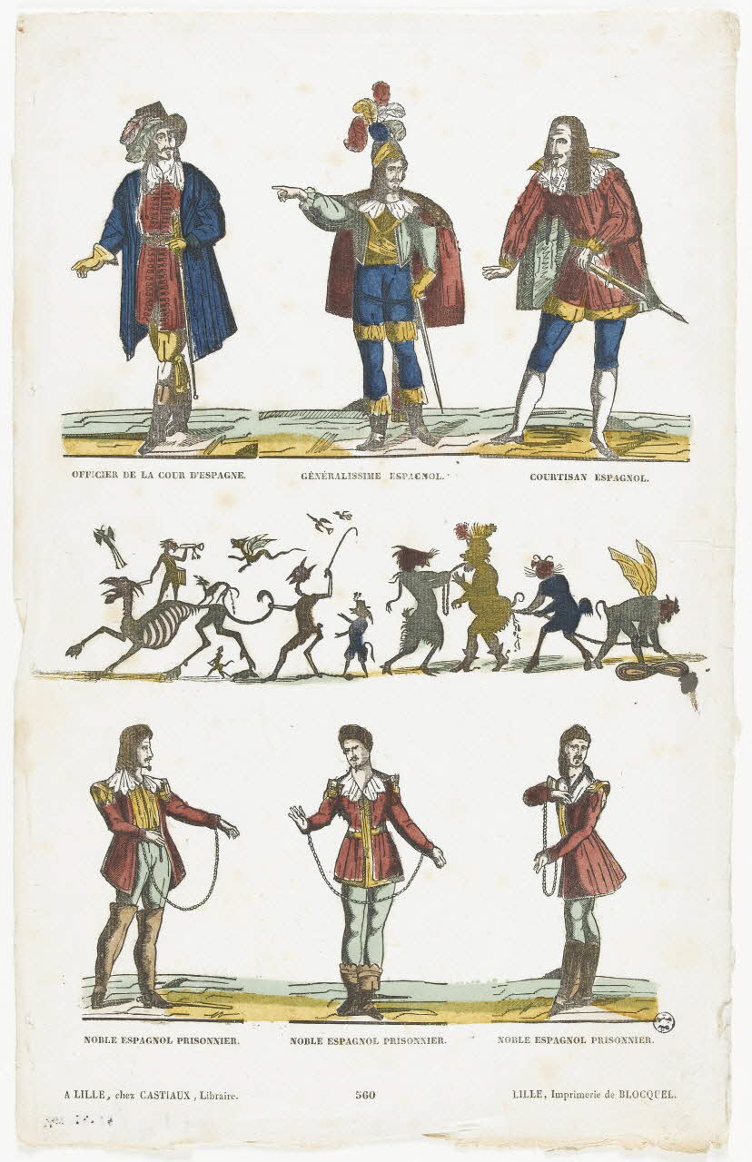 Lallou Louis Casimir ; Jean-Baptiste Castiaux ; Simon-François Blocquel imagerie ancienne OFFICIER DE LA COUR D'ESPAGNE.  GENERALISSIME ESPAGNOL.  COURTISAN ESPAGNOL.  NOBLE ESPAGNOL PRISONNIER. Lille 1809-1837 1952.39.107 Photo RMN-Grand Palais (Mucem)