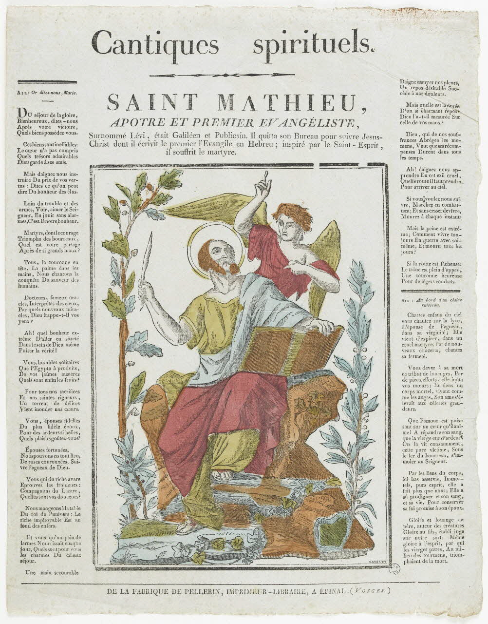 François-Marc Canivet ; Pellerin imagerie ancienne Cantiques spirituels.  SAINT MATHIEU,  APOTRE ET PREMIER EVANGELISTE, Lorraine, France 1837 1965.75.345 Photo RMN-Grand Palais (Mucem)