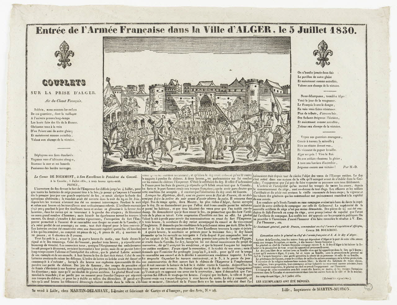 Henri Alexandre Joseph Martin-Delahaye ; Martin-Muiron Louis imagerie ancienne Entrée de l'Armée Française dans la Ville d'Alger, le 5 Juillet 1830. Lille 1830 1965.75.411 Photo RMN-Grand Palais (Mucem)