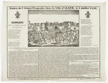 Henri Alexandre Joseph Martin-Delahaye ; Martin-Muiron Louis imagerie ancienne Entrée de l'Armée Française dans la Ville d'Alger, le 5 Juillet 1830. Lille 1830 1965.75.411 Photo RMN-Grand Palais (Mucem)