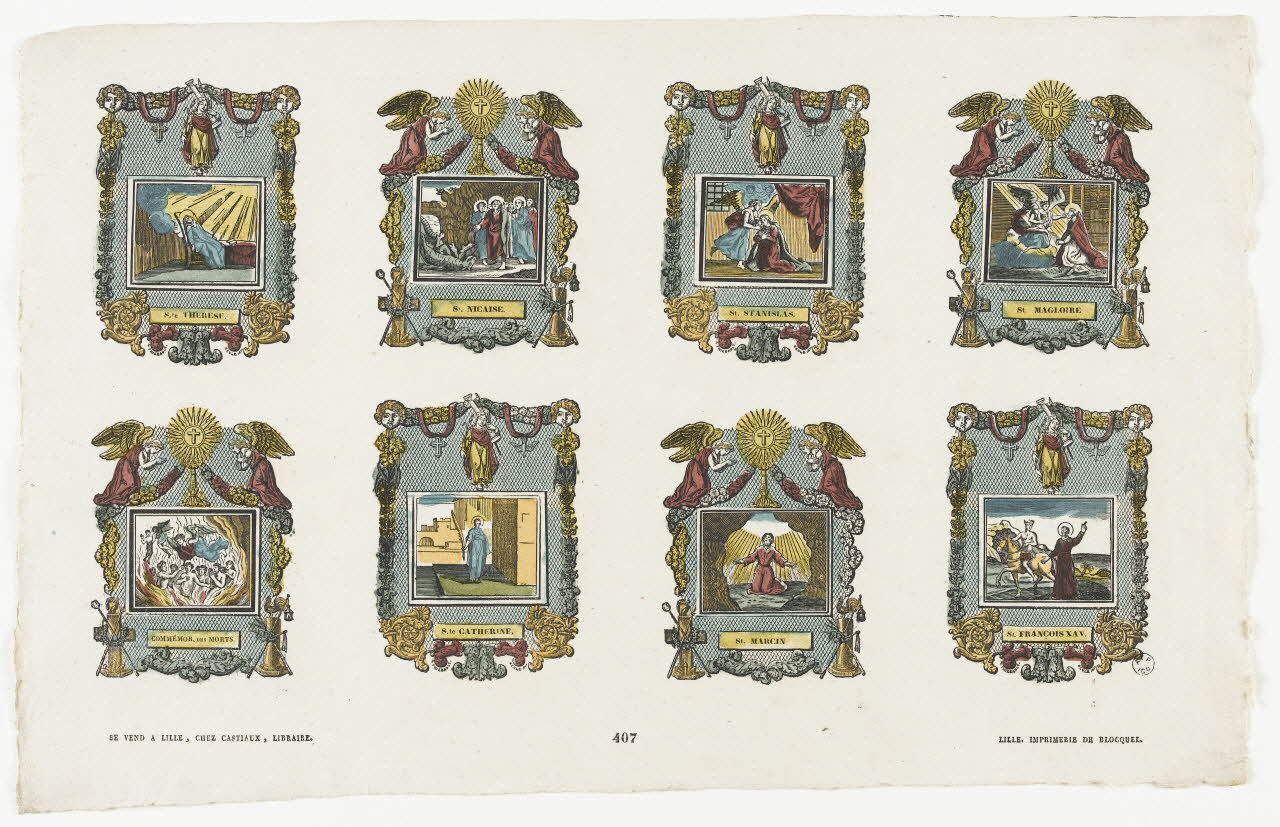 Antoine Thiébault ; Jean-Baptiste Castiaux ; Simon-François Blocquel imagerie ancienne Planche de saintetés Lille 1830-1837 1965.75.571 Photo RMN-Grand Palais (Mucem)