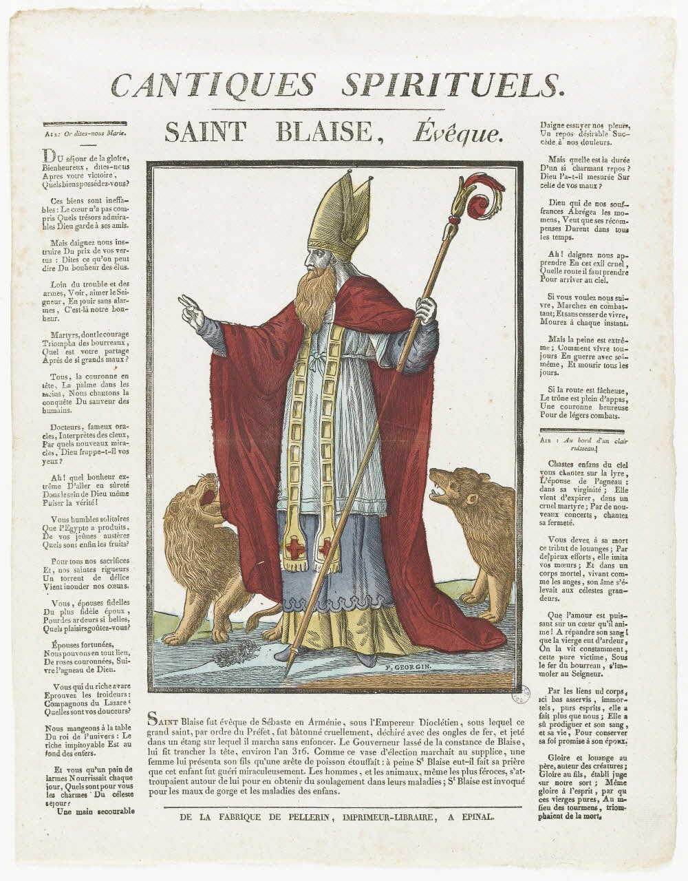 François Georgin ; Pellerin imagerie ancienne CANTIQUES SPIRITUELS.  SAINT BLAISE, Evêque. Lorraine, France 1837 1979.82.67 Photo RMN-Grand Palais (Mucem)