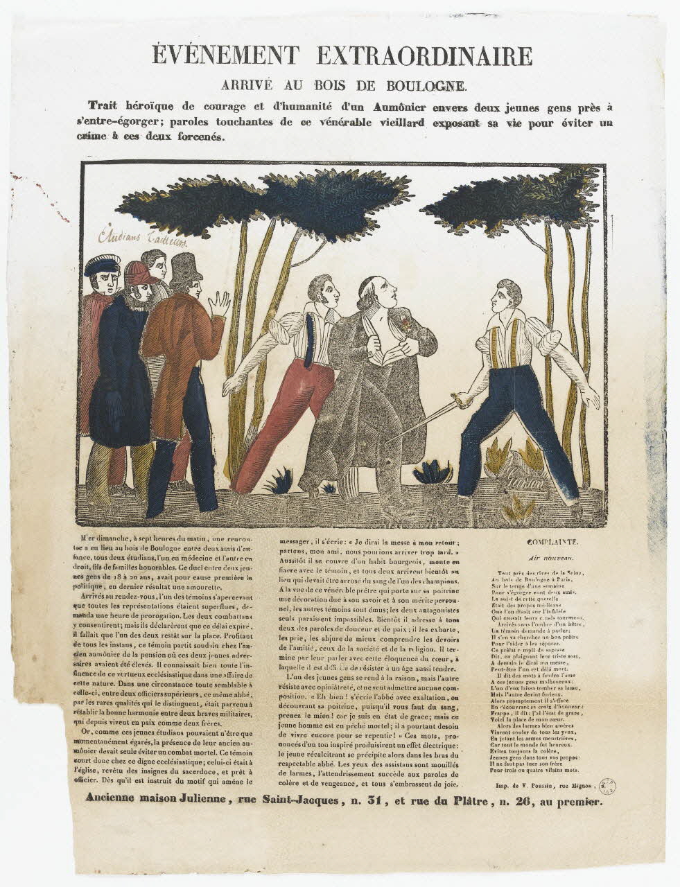 Garson ; Poussin V. ; Ancienne Maison Julienne canard (?) EVENEMENT EXTRAORDINAIRE  ARRIVE AU BOIS DE BOULOGNE Paris 1835-1844 1995.14.1 Photo RMN-Grand Palais (Mucem)