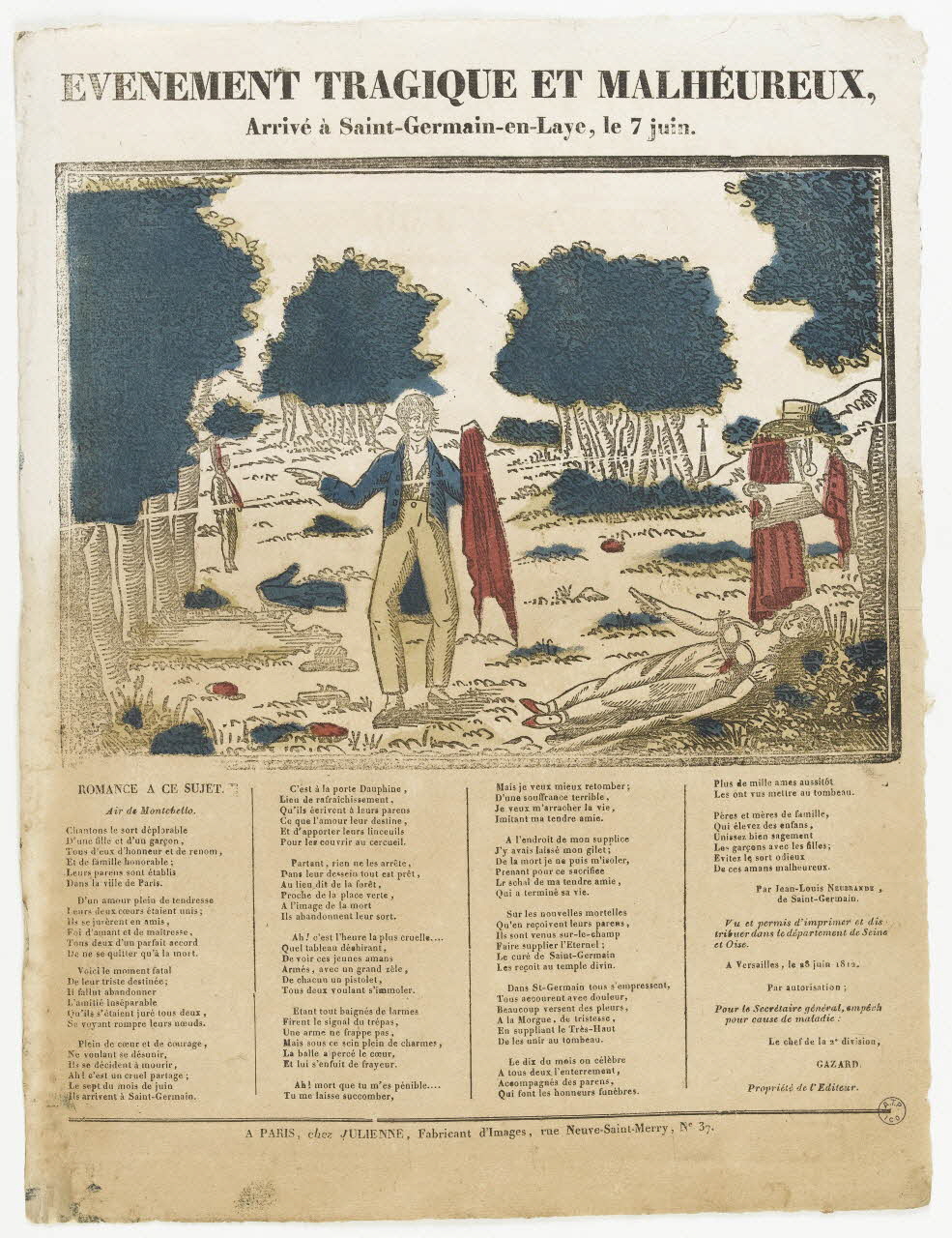 Julienne imagerie ancienne EVENEMENT TRAGIQUE ET MALHEUREUX,  Arrivé à Saint-Germain-en-Laye, le 7 juin. Paris 1830-1835 1995.14.86 Photo RMN-Grand Palais (Mucem)