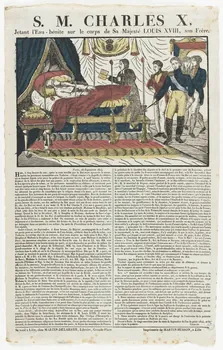 Henri Alexandre Joseph Martin-Delahaye ; Martin-Muiron imagerie ancienne S. M. CHARLES X,  Jetant l'Eau-bénite sur le corps de Sa Majesté LOUIS XVIII, son Frère. Lille 1824-1829 1995.5.8 Photo RMN-Grand Palais (Mucem)