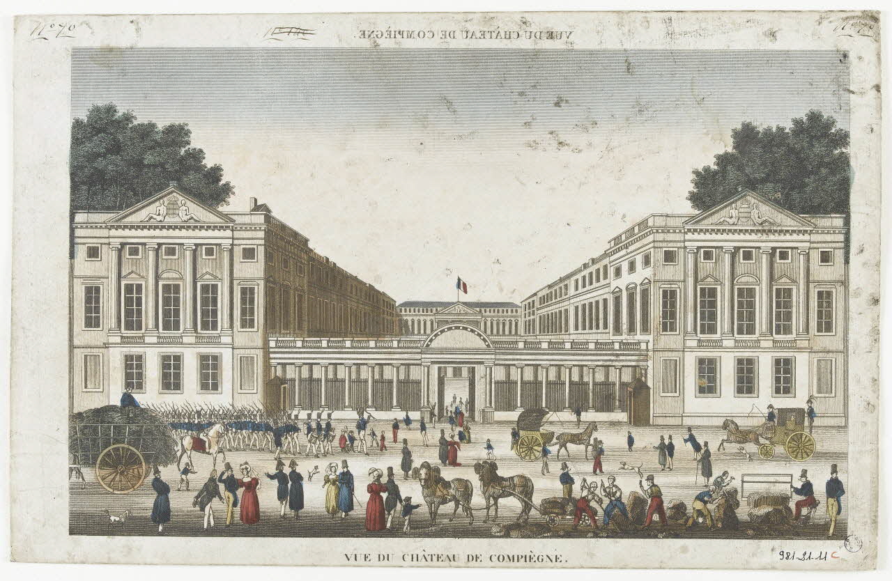 imagerie ancienne VUE DU CHATEAU DE COMPIEGNE. (titre inscrit, en caractères inversés)  VUE DU CHATEAU DE COMPIEGNE. 1981.21.11 Photo RMN-Grand Palais (Mucem)