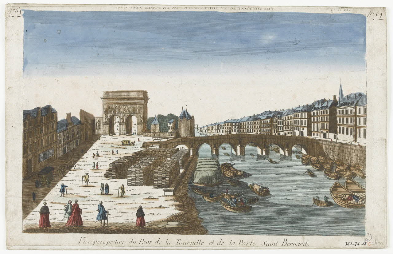 imagerie ancienne VUE DU PONT DE LA TOURNELLE ET DE LA PORTE ST. BERNARD (titre inscrit, en caractères inversés)  Vue perspective du Pont de la Tournelle et de la Porte Saint Bernard. Paris 1730 1981.21.12 Photo RMN-Grand Palais (Mucem)