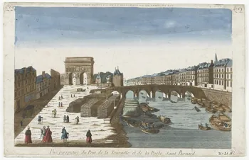 imagerie ancienne VUE DU PONT DE LA TOURNELLE ET DE LA PORTE ST. BERNARD (titre inscrit, en caractères inversés)  Vue perspective du Pont de la Tournelle et de la Porte Saint Bernard. Paris 1730 1981.21.12  Photo RMN-Grand Palais (Mucem)