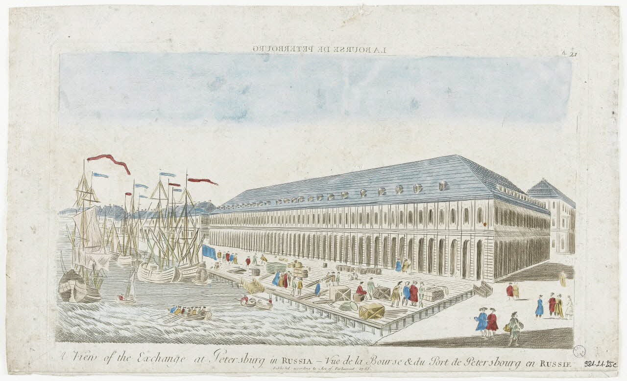 imagerie ancienne LA BOURSE DE PETERSBOURG (titre inscrit, en caractères inversés)  A Vien of the Exchange at Petersburg in RUSSIA - Vue de la Bourse et du Port de Petersbourg en RUSSIE Paris 1755 1981.21.25 Photo RMN-Grand Palais (Mucem)