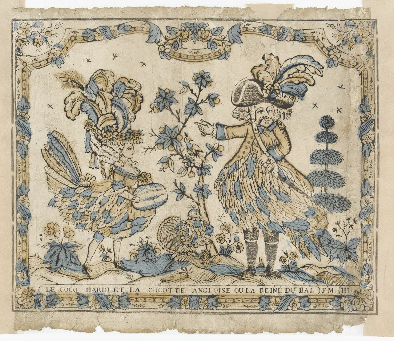 Pierre-Fiacre Perdoux imagerie ancienne LE COCQ HARDI ET LA COCOTTE ANGLOISE OU LA REINE DU BAL. F. M. (III) Orléans 1779 1989.1.2 Photo RMN-Grand Palais (Mucem)