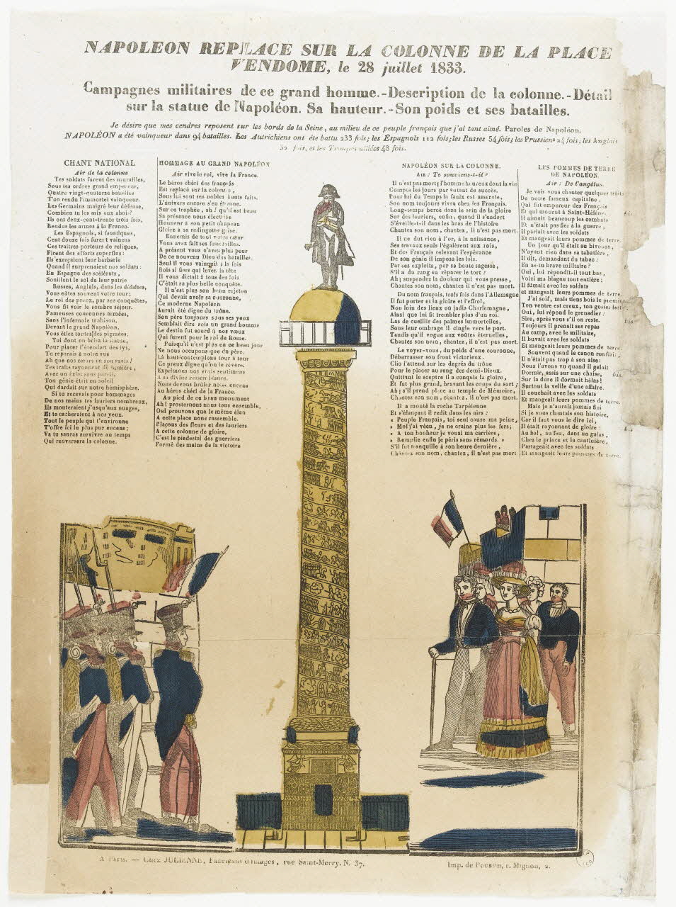 Poussin ; Julienne imagerie ancienne NAPOLEON REPLACE SUR LA COLONNE DE LA PLACE  VENDOME, le 28 juillet 1833. Paris 1833-1835 1995.14.15 Photo RMN-Grand Palais (Mucem)