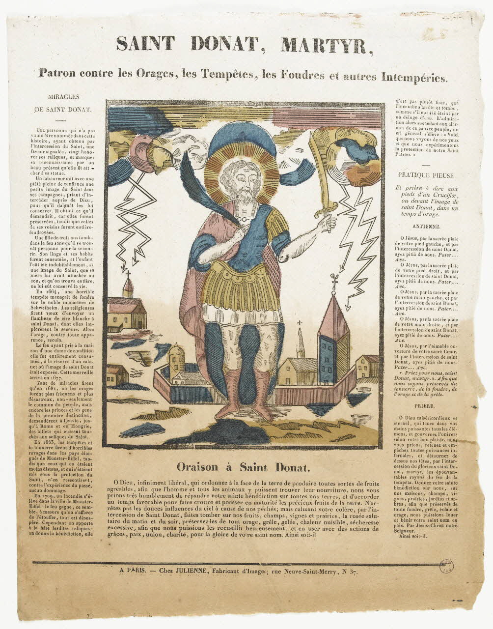 Julienne imagerie ancienne SAINT DONAT, MARTYR,  Patron contre les Orages, les Tempêtes, les Foudres et autre Imtempéries. Paris 1830-1835 1995.14.28 Photo RMN-Grand Palais (Mucem)