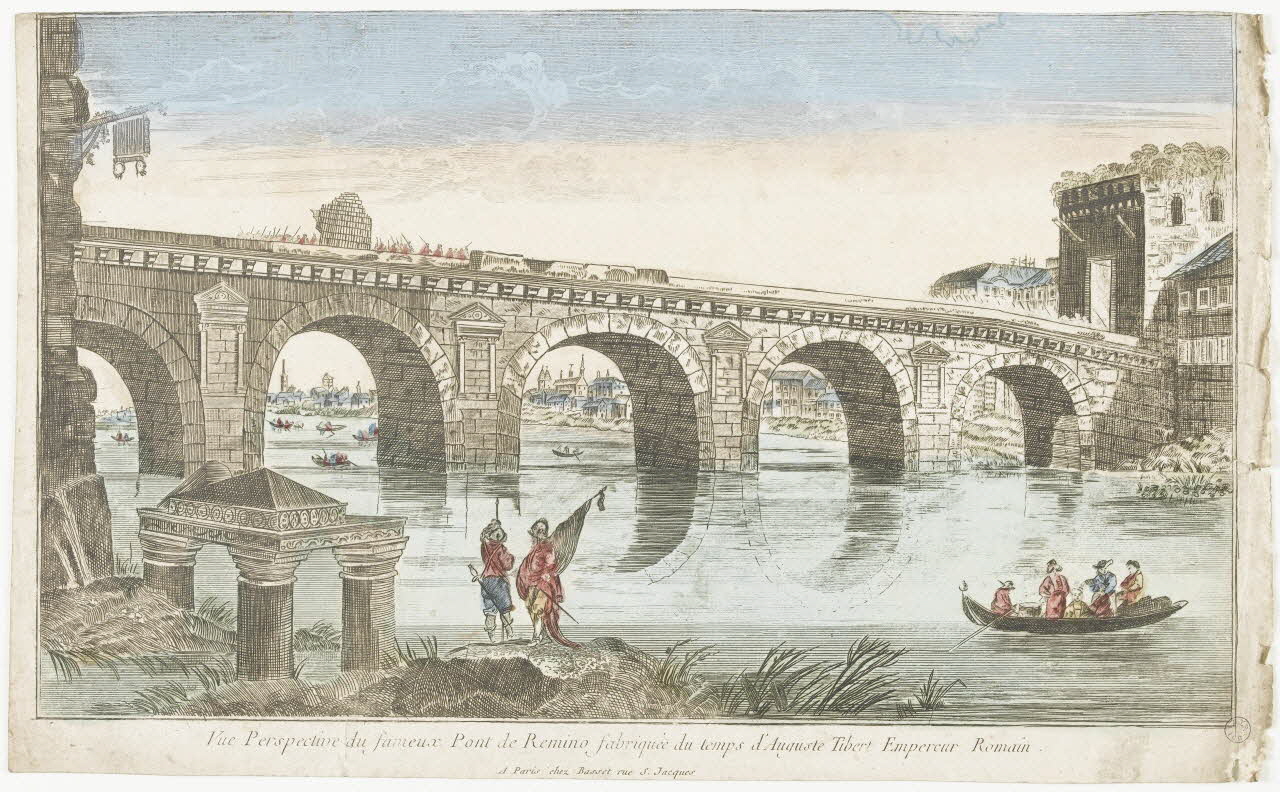 imagerie ancienne Vue Perspective du fameux Pont de Remino fabriquée (sic) du temps d'Auguste Tibert Empereur Romain. 2002.11.12 Photo RMN-Grand Palais (Mucem)