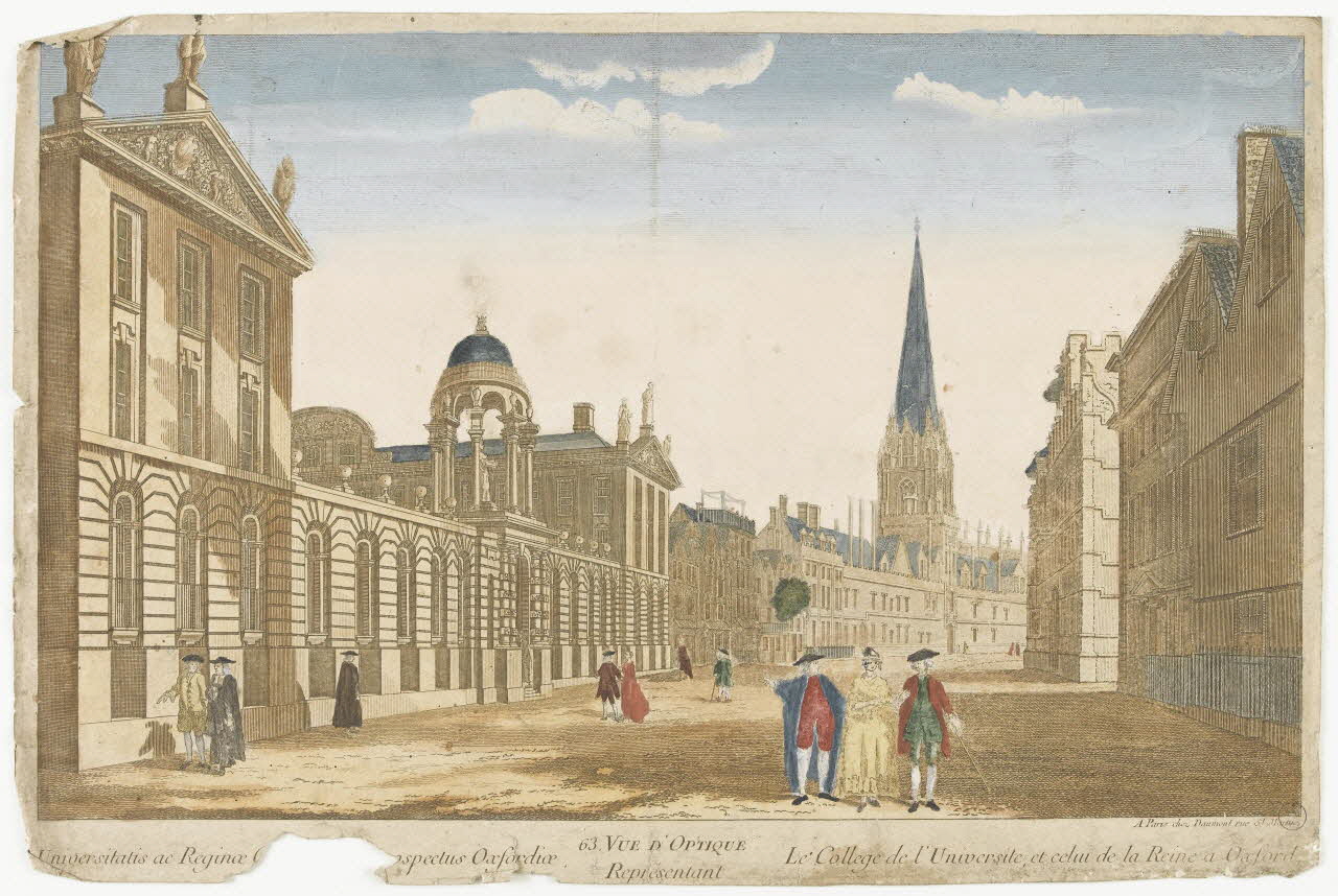 imagerie ancienne VUE D'OPTIQUE  Représentant  Le College de l'Université et celui de la Reine à Oxford 2002.11.7 Photo RMN-Grand Palais (Mucem)