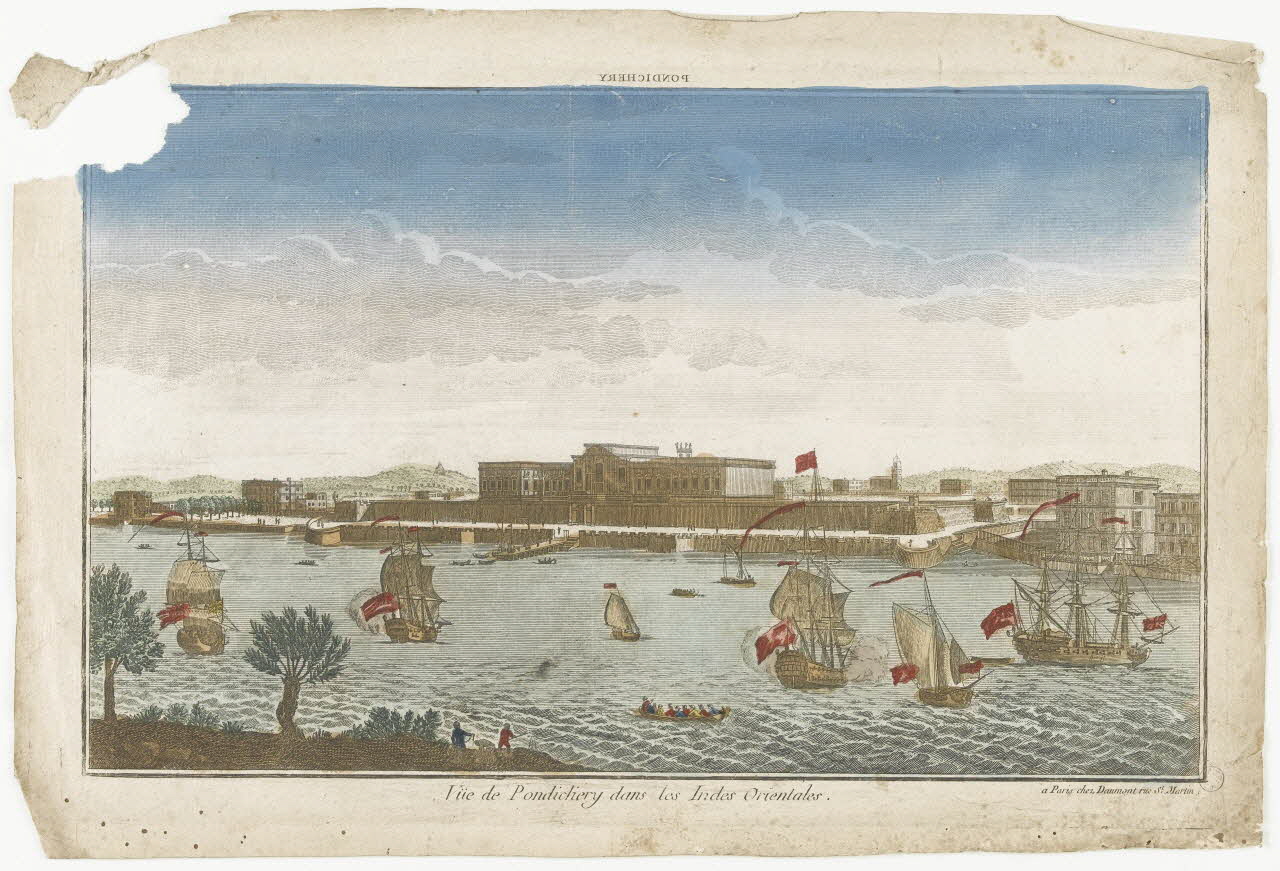 imagerie ancienne Vue de Pondichery dans les Indes Orientales. 2002.11.8 Photo RMN-Grand Palais (Mucem)
