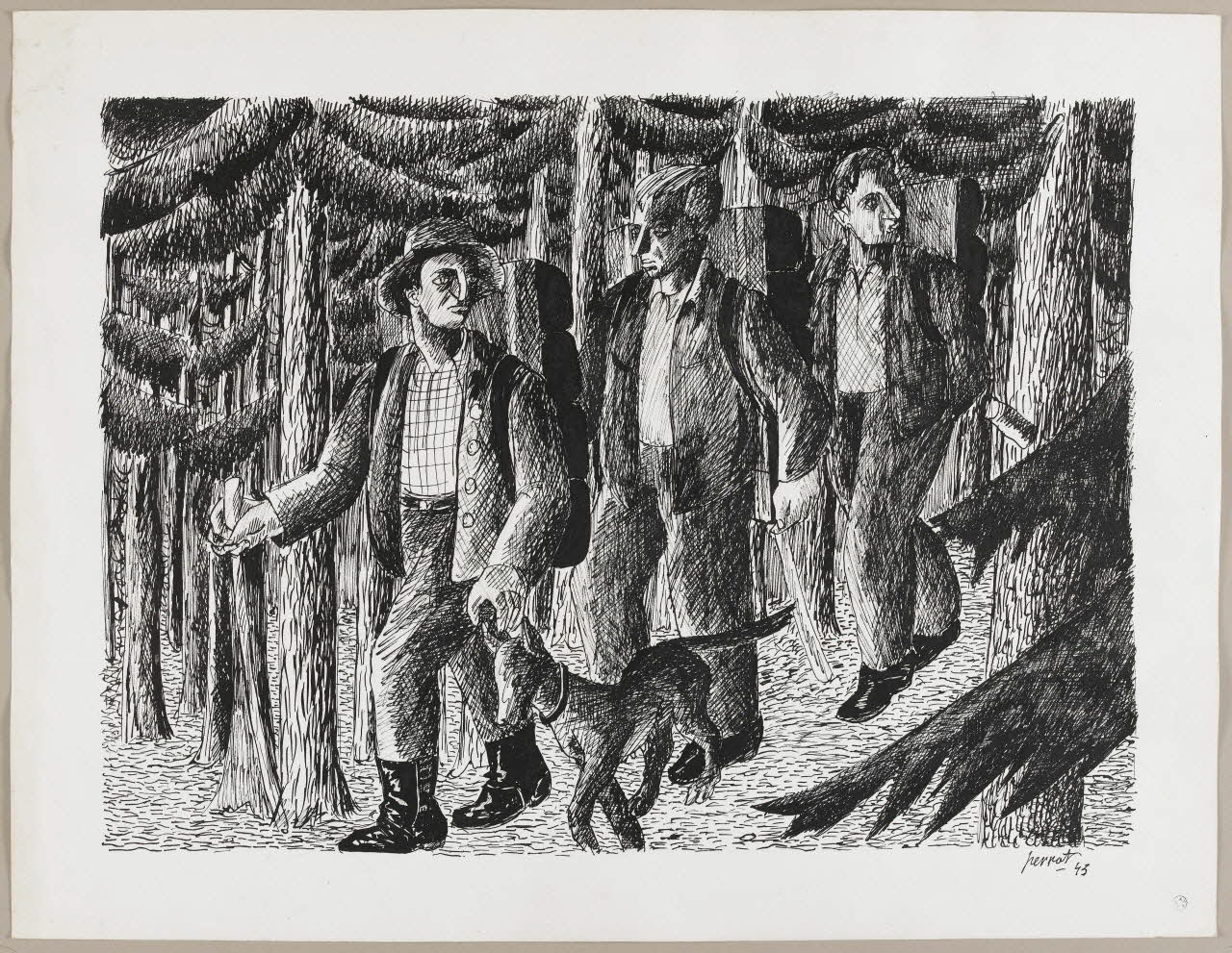 René Perrot dessin Contrebandiers dans un bois en Franche-Comté Franche-Comté, France 1943 1943.18.25 Photo RMN-Grand Palais (Mucem)
