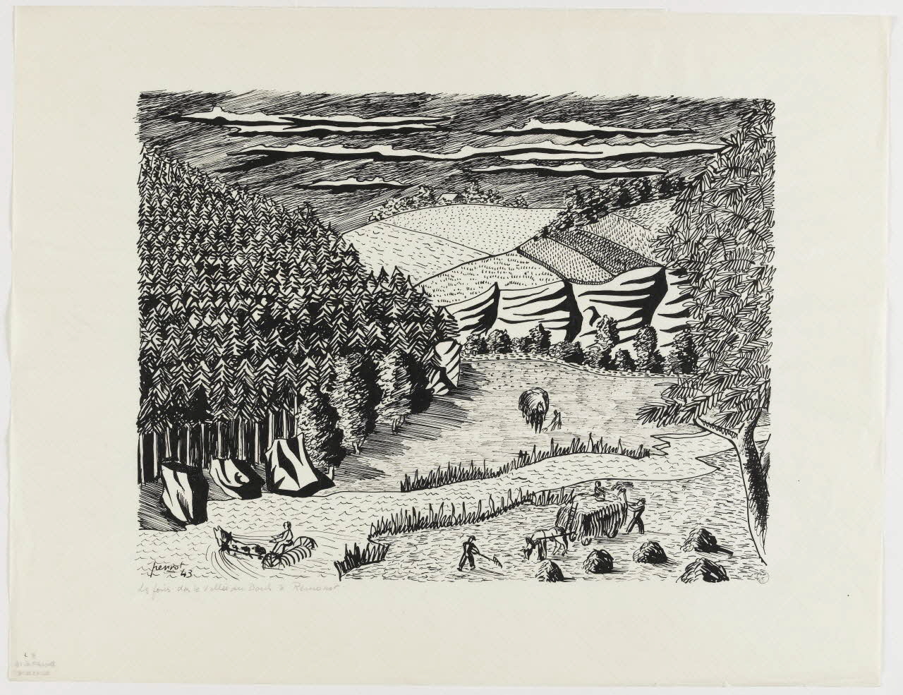 René Perrot dessin Les foins dans la vallée du Doubs à Remonst Franche-Comté, France 1943 1943.6.18 Photo RMN - Grand Palais (MuCEM) - Jean-Gilles Berizzi