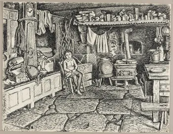 Jean Amblard dessin Salle commune à Angles-Bas (Rochefort-Montagne) 1944 1944.3.12 Photo RMN - Grand Palais (MuCEM) - Jean-Gilles Berizzi