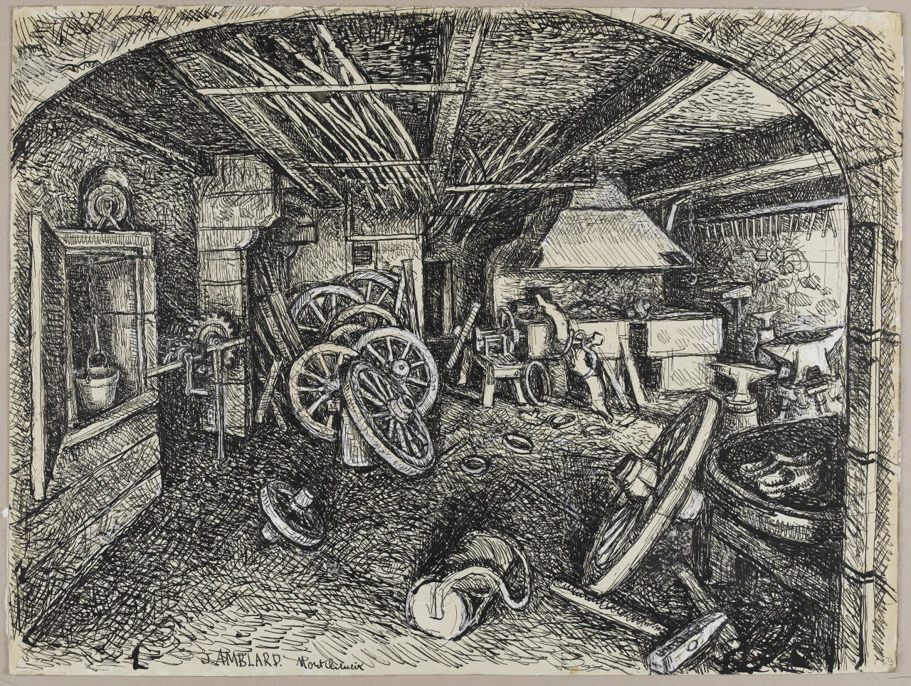 Jean Amblard dessin La forge de Baptiste Brechard à Montcheneix (Puy-de-Dôme) 1944 1944.3.21 Photo RMN - Grand Palais (MuCEM) - Jean-Gilles Berizzi