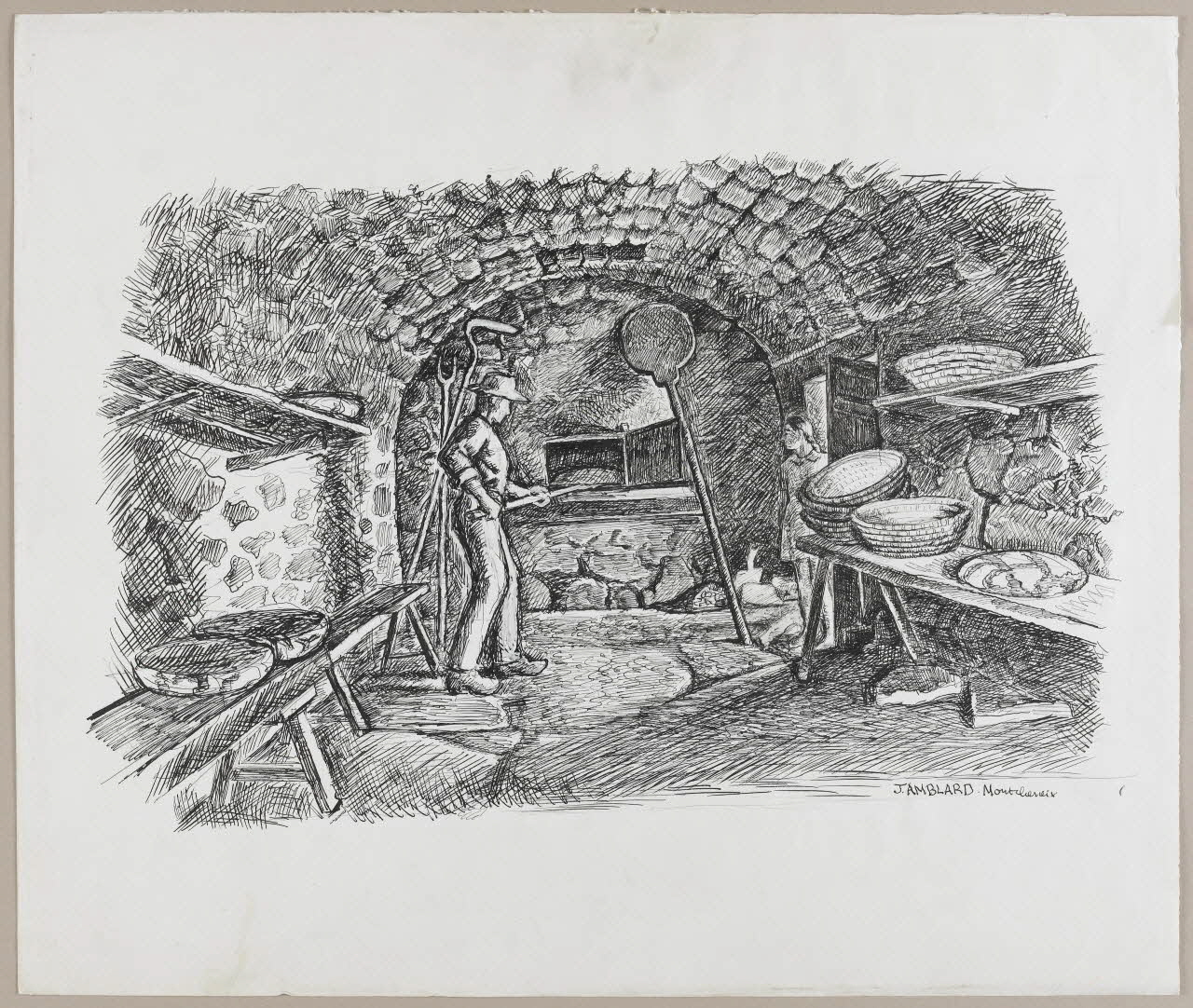 Jean Amblard dessin Four banal : Joseph Natanson en train de défourner 1944 1944.3.22 Photo RMN - Grand Palais (MuCEM) - Jean-Gilles Berizzi