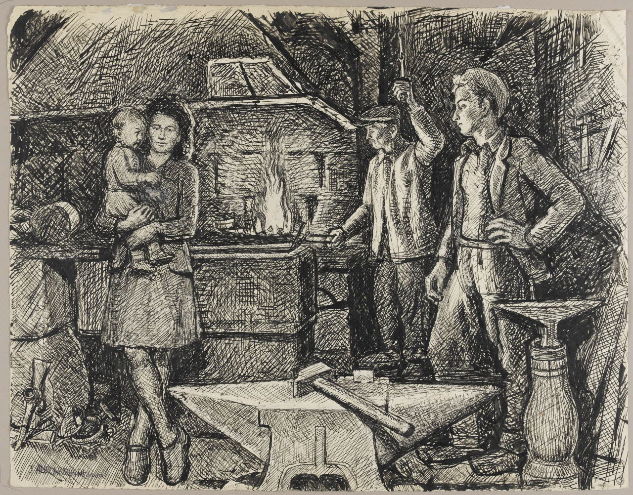 Jean Amblard dessin La forge de Baptiste Brechard à Montcheneix (Puy-de-Dôme) 1944 1944.3.23 Photo RMN - Grand Palais (MuCEM) - Jean-Gilles Berizzi