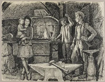 Jean Amblard dessin La forge de Baptiste Brechard à Montcheneix (Puy-de-Dôme) 1944 1944.3.23 Photo RMN - Grand Palais (MuCEM) - Jean-Gilles Berizzi