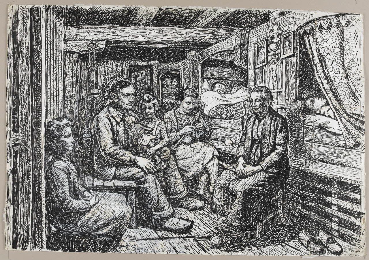 Jean Amblard dessin La veillée chez Jacques Sembel à Montcheneix 1944 1944.3.28 Photo RMN - Grand Palais (MuCEM) - Jean-Gilles Berizzi