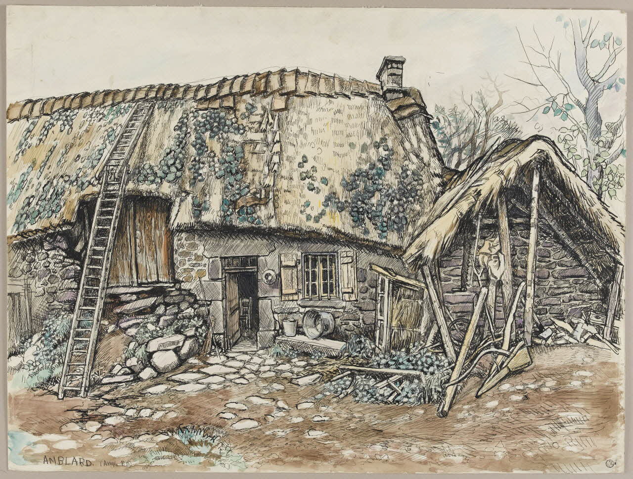 Jean Amblard dessin Maison en réparation à Rochefort-Montagne 1944 1944.3.34 Photo RMN - Grand Palais (MuCEM) - Jean-Gilles Berizzi