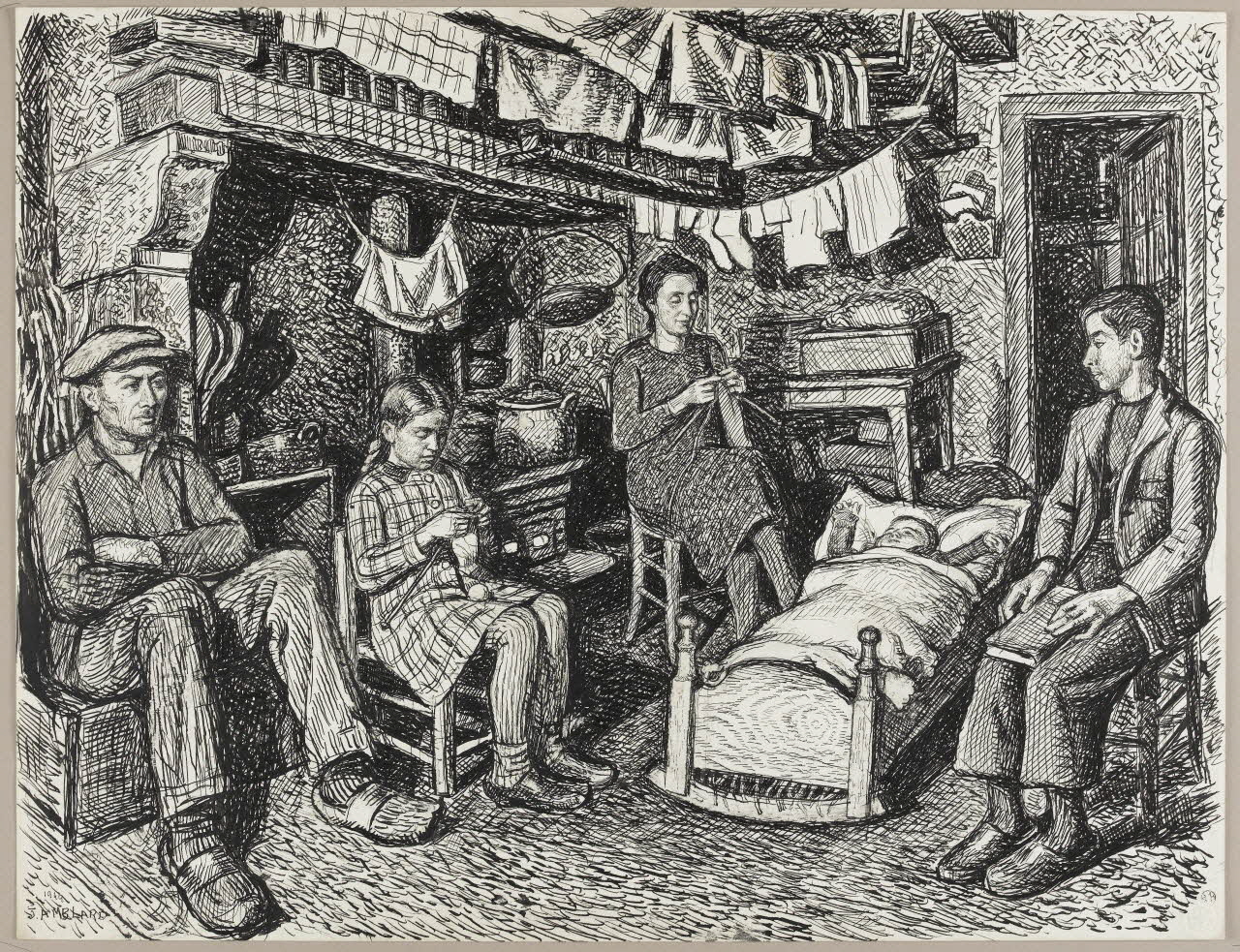 Jean Amblard dessin Veillée à Montcheineix (Puy-de-Dôme) 1944 1944.3.6 Photo RMN - Grand Palais (MuCEM) - Jean-Gilles Berizzi