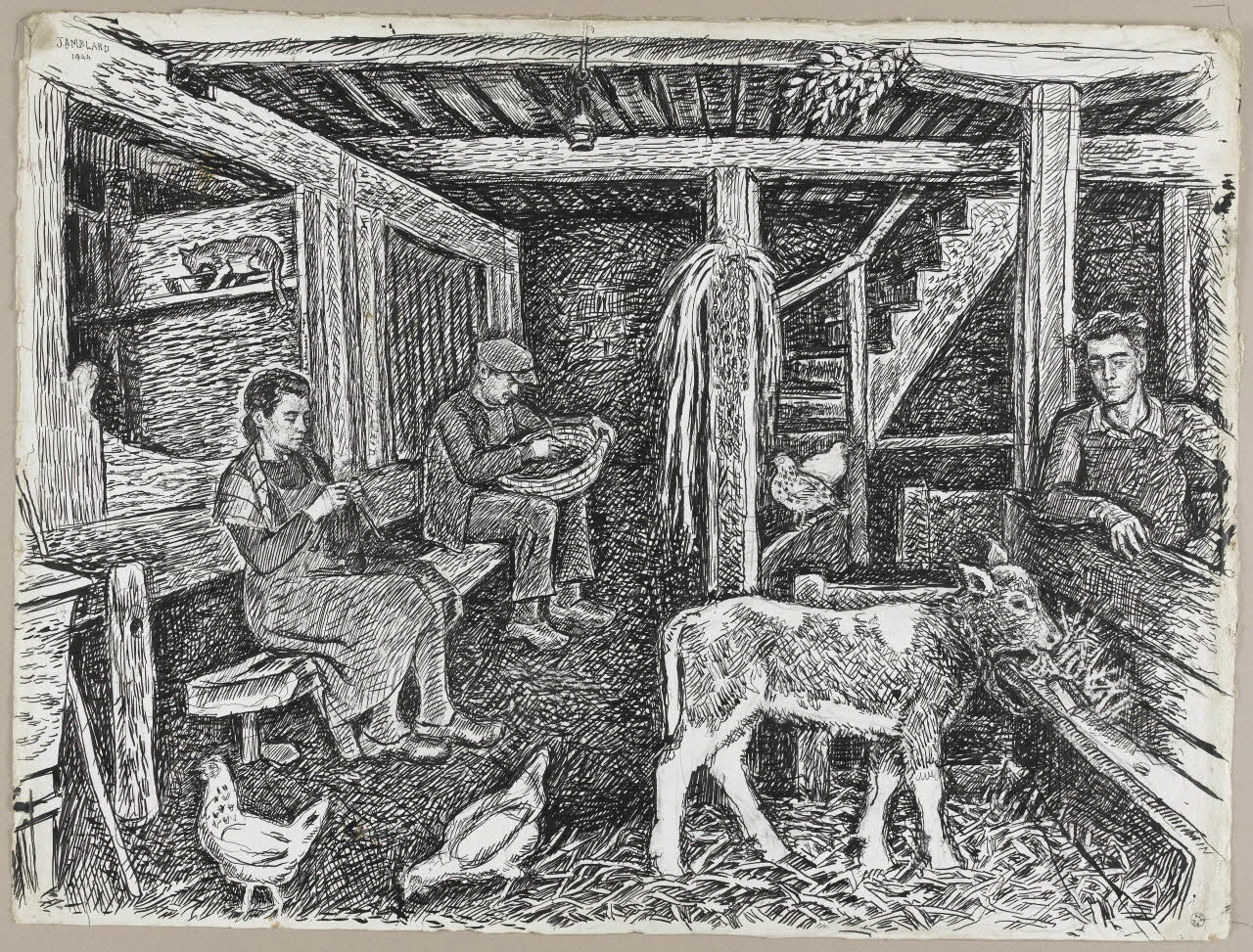 Jean Amblard dessin Ecurie aux granges  M. et Mme Giraud et leur fils dans l'étable 1944 1944.3.7 Photo RMN-Grand Palais (Mucem)