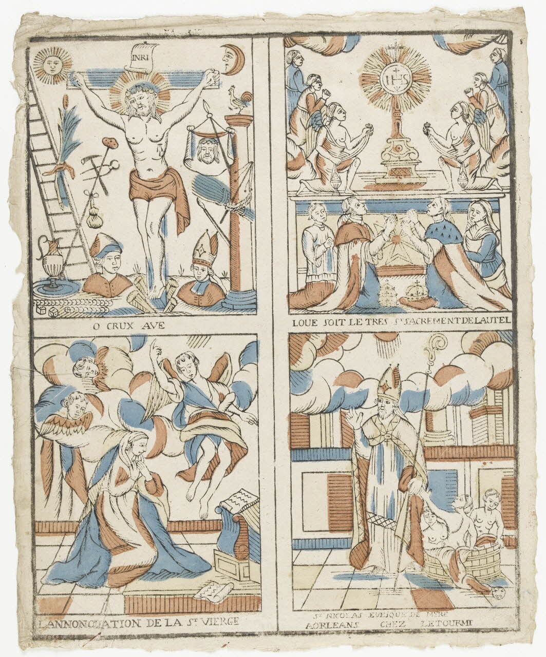 imagerie ancienne O CRUX AVE  LOUE SOIT LE TRES ST SACREMENT DE LAUTEL  L'ANNONCIATION DE LA ST.VIERGE  ST NICOLAS EVESQUE DE MYRE 1965.75.801 Photo RMN-Grand Palais (Mucem)