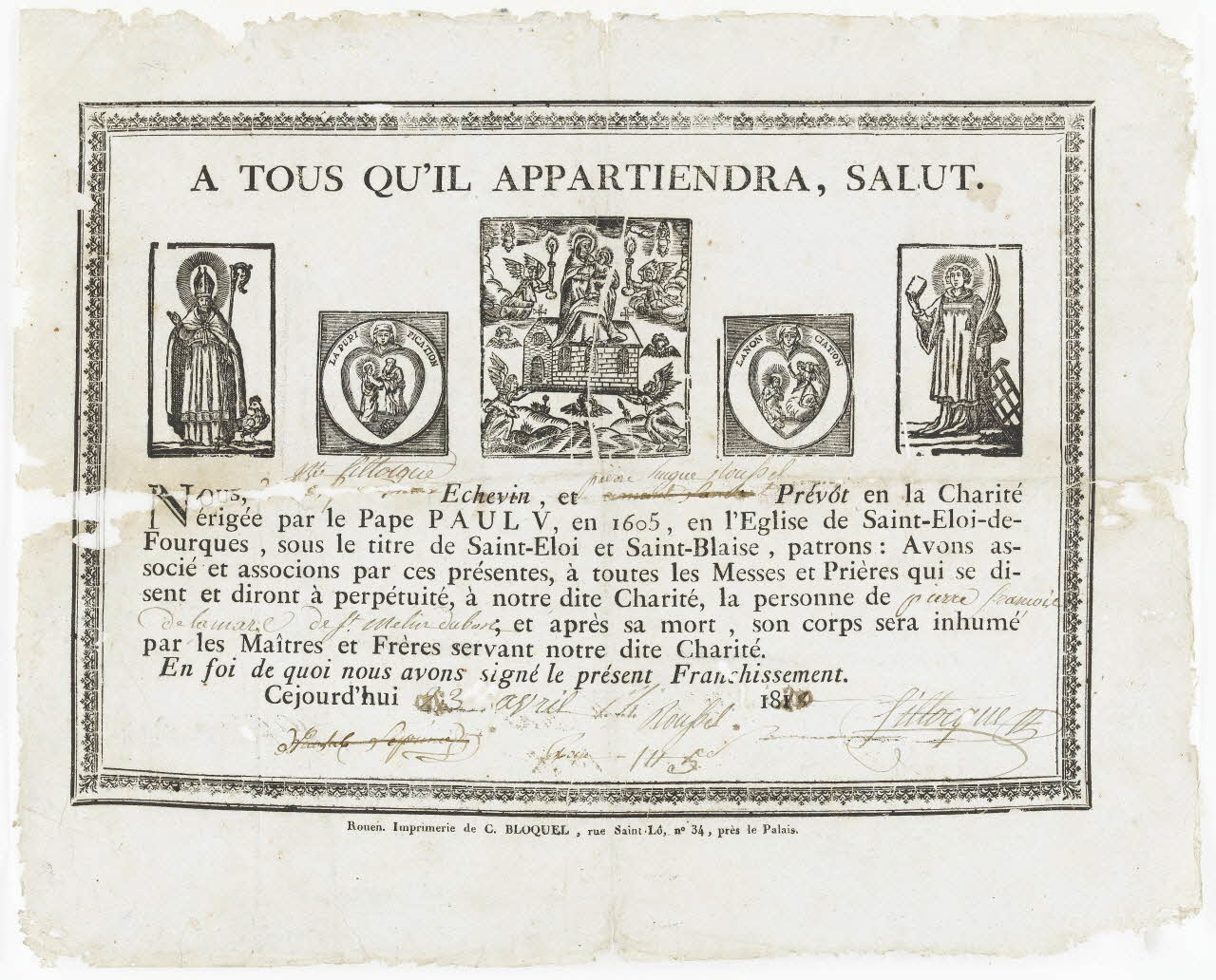 Bloquel Charles ; Bloquel-Gallier Charles imagerie ancienne A TOUS QU'IL APPARTIENDRA, SALUT. Rouen 1818 1967.46.1 Photo RMN-Grand Palais (Mucem)