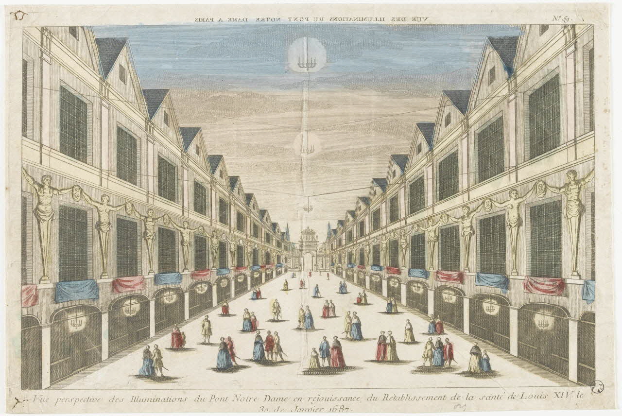 imagerie ancienne VUE DES ILLUMINATIONS DU PONT NOTRE DAME A PARIS Paris 1686 1978.11.1 Photo RMN-Grand Palais (Mucem)
