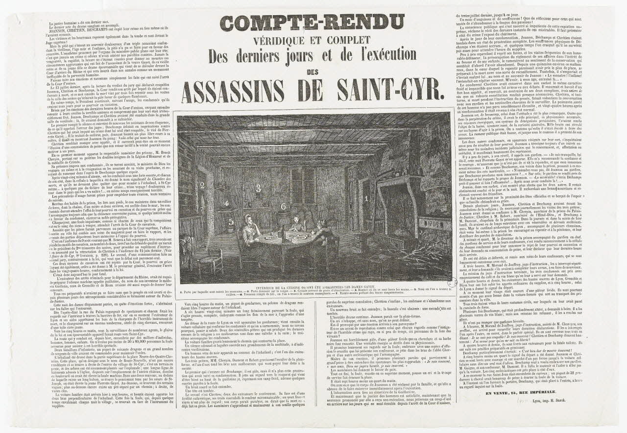 Gillot ; Storck H. canard COMPTE-RENDU  VERIDIQUE ET COMPLET  Des derniers jours et de l'exécution  DES  ASSASSINS DE SAINT-CYR. Lyon 1860 1981.32.15 Photo RMN-Grand Palais (Mucem)