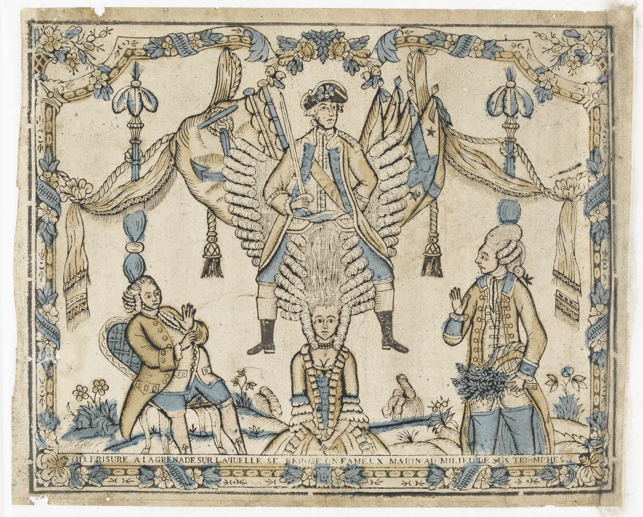 Pierre-Fiacre Perdoux imagerie ancienne FRISURE A LA GRENADE SUR LAQUELLE SE REPOSE UN FAMEUX MARIN AU MILIEU DE SES TRIOMPHES. Orléans 1779 1989.1.1 Photo RMN-Grand Palais (Mucem)