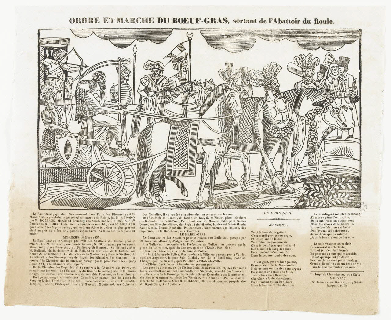 Antoine Chassaignon ; Bonnet imagerie ancienne ORDRE ET MARCHE DU BOEUF-GRAS, sortant de l'Abattoir du Roule. Paris 1835-1853 1995.14.95 Photo RMN-Grand Palais (Mucem)