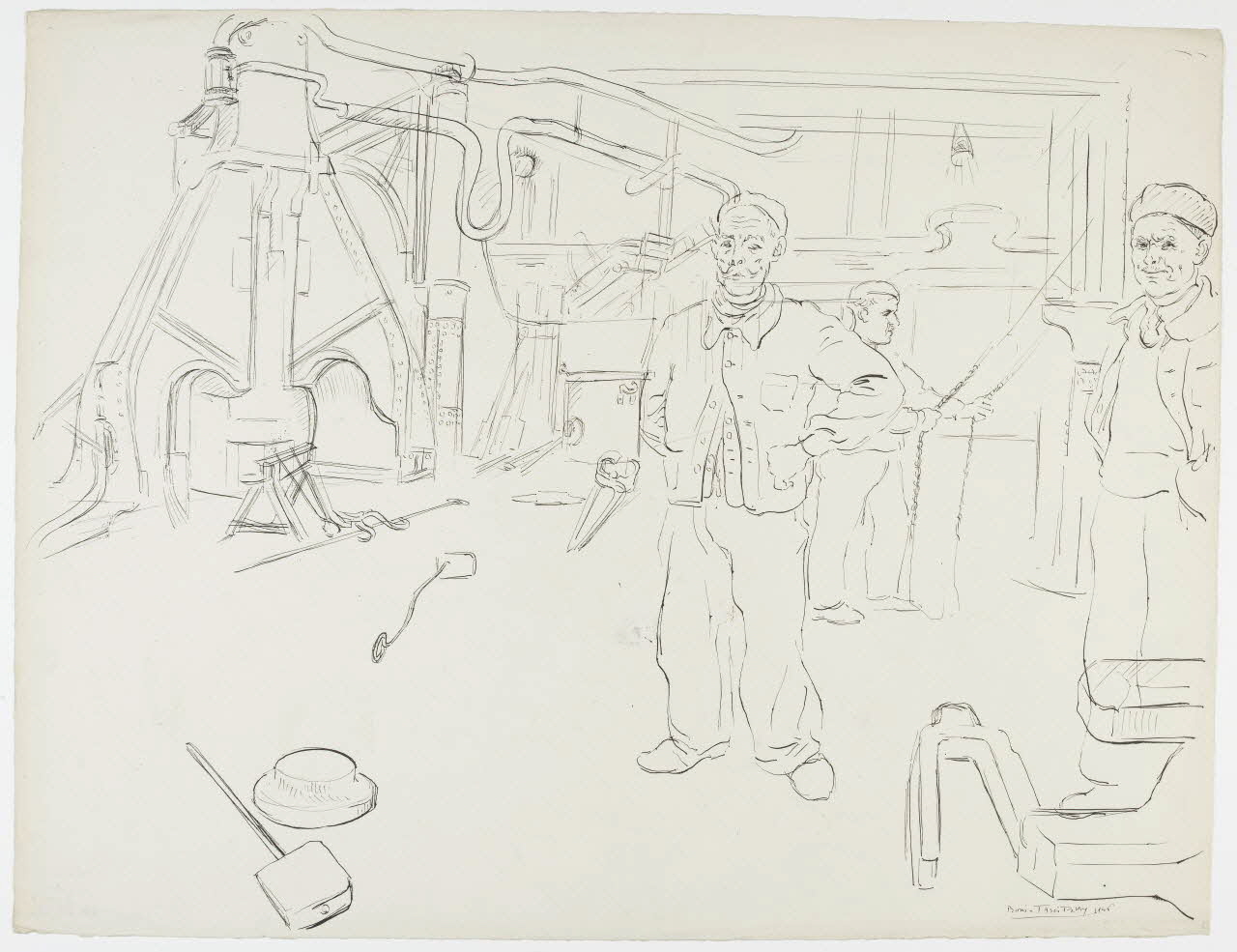 Boris Taslitzky dessin Trois ouvriers métallurgistes dans l'atelier 1946 1948.48.13 Photo RMN-Grand Palais (Mucem)
