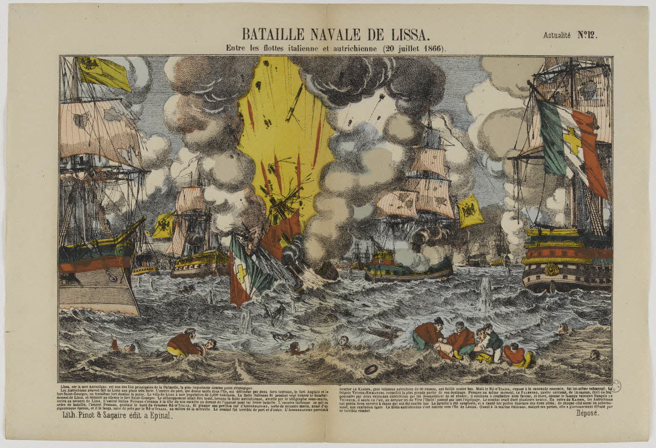 estampe BATAILLE NAVALE DE LISSA.  Entre les flottes italienne et autrichienne (20 juillet 1866). 1953.86.1034 Photo RMN-Grand Palais (Mucem)