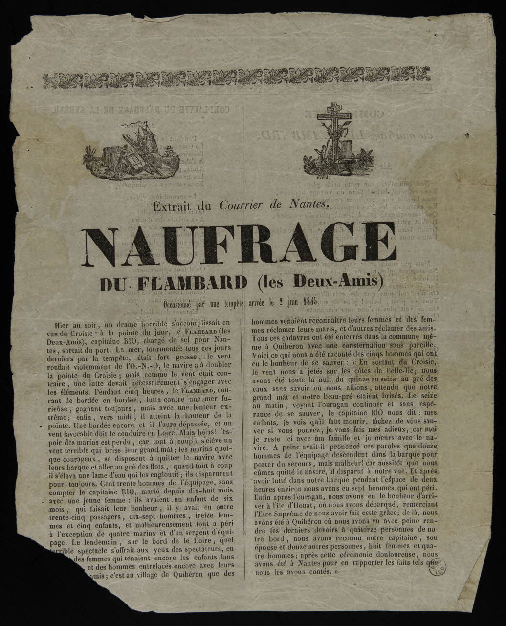 Rodière S. canard Extrait du Courrier de Nantes.  NAUFRAGE  DU FLAMBARD (les Deux-Amis)  Occasionné par une tempête arivée le 2 juin 1845 Albi 1845 1953.12.167 Photo
