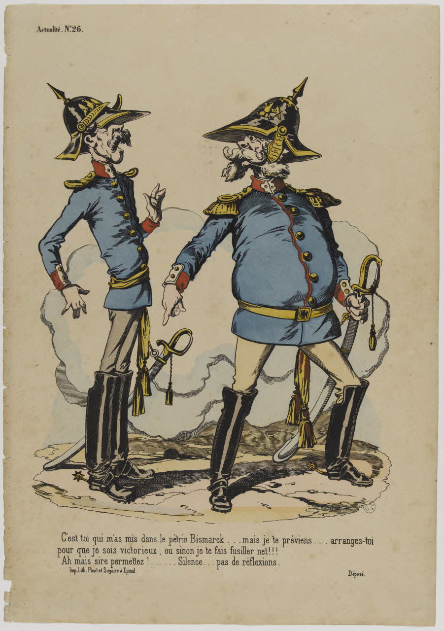 Pinot et Sagaire estampe C'est toi qui m'as mis dans le petrin, Bismarck...mais je te préviens...arranges-toi  pour que je sois victorieux, ou sinon je te fais fusiller net!!!  Ah mais sire permettez!.....Silence...pas de réf Lorraine, France 1870 1953.86.1206 Photo RMN-Grand Palais (Mucem)