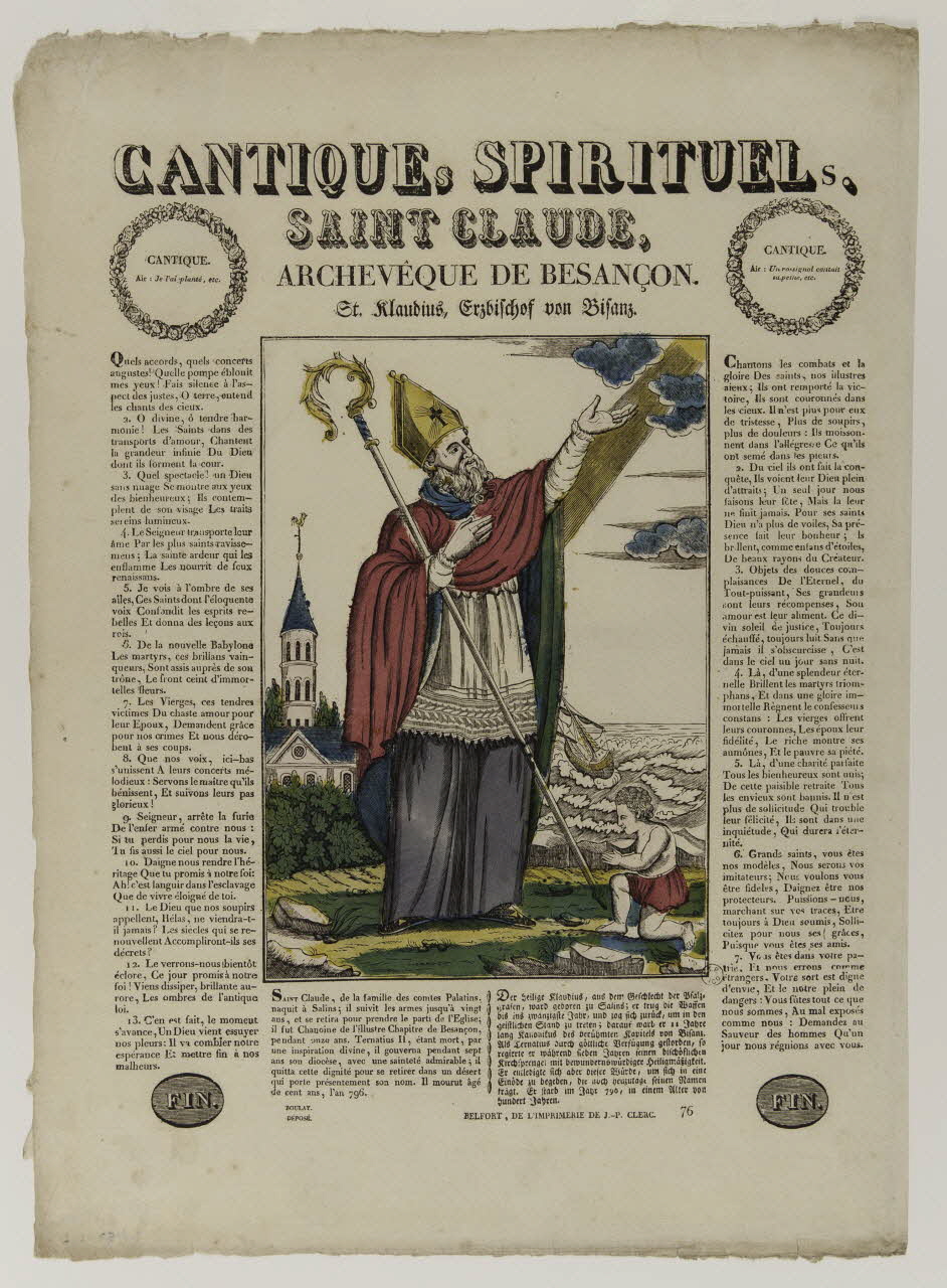Boulay , Charles ; Clerc Jean Pierre imagerie ancienne CANTIQUEs SPIRITUELs.  SAINT CLAUDE,  ARCHEVÊQUE DE BESANCON. Belfort 1831-1836 1953.12.2 Photo