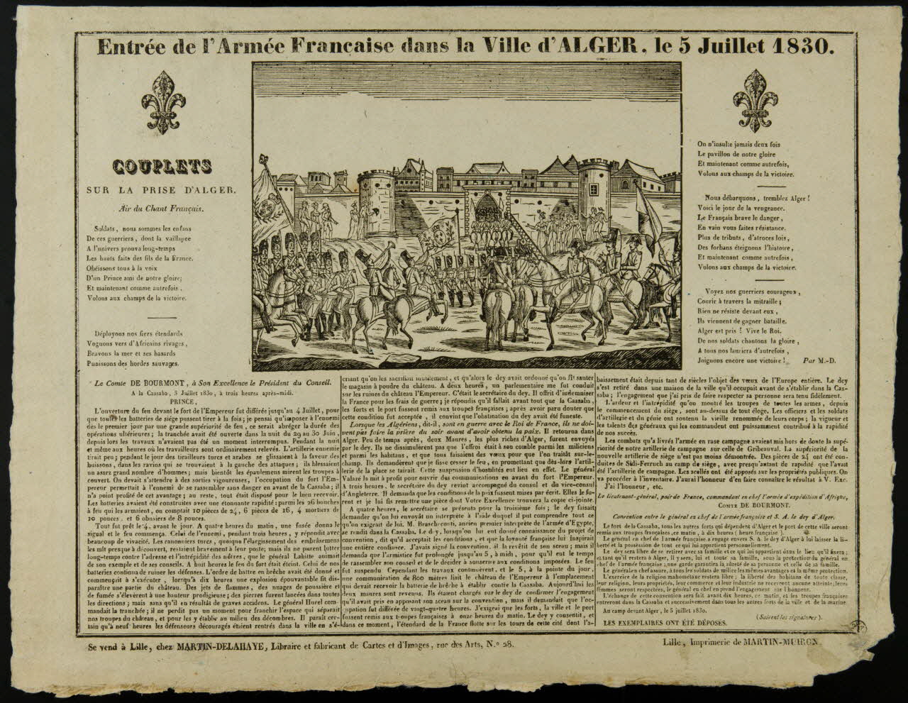 Henri Alexandre Joseph Martin-Delahaye ; Martin-Muiron Louis imagerie ancienne Entrée de l'Armée Française dans la Ville d'ALGER le 5 Juillet 1830. Lille 1830 1953.12.47 Photo