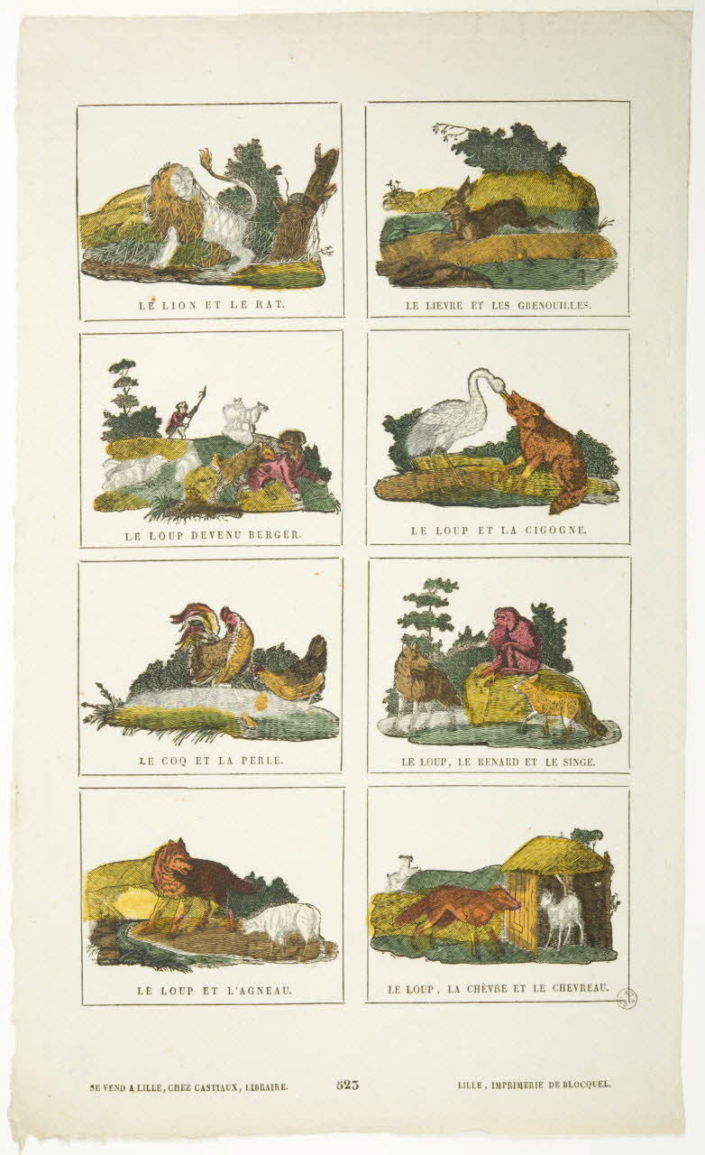 Jean-Baptiste Castiaux ; Simon-François Blocquel imagerie ancienne Planche de fables (le lion et le rat...le loup, la chèvre et le chevreau) Lille 1809-1837 1953.12.66 Photo