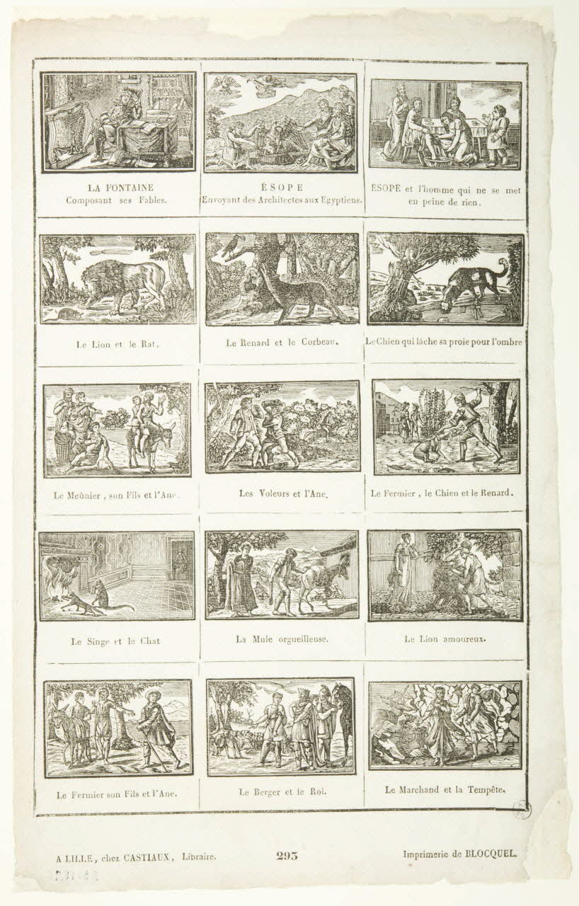 Jean-Baptiste Castiaux ; Simon-François Blocquel imagerie ancienne Planche de fables (La Fontaine composant ses fables...le Marchand et la Tempête) Lille 1809-1837 1953.12.76 Photo