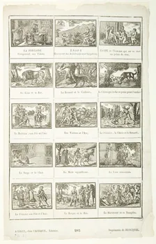 Jean-Baptiste Castiaux ; Simon-François Blocquel imagerie ancienne Planche de fables (La Fontaine composant ses fables...le Marchand et la Tempête) Lille 1809-1837 1953.12.76 Photo